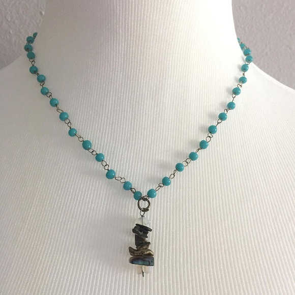 Colorful blue Y-necklace with opal and jasper gemstone pendant - faux turquoise - Picture 2 of 5